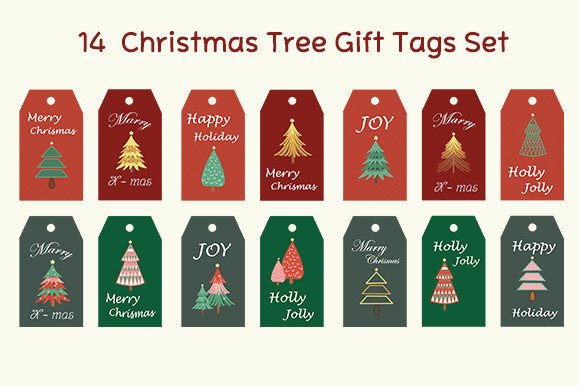 14 Christmas Tree Gift Tags Set: Festive Illustrations