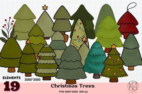 19 Christmas Trees PNG Bundle: Festive Illustrations