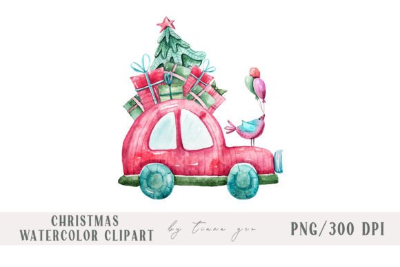 Watercolor Christmas Car with Gift Boxes Illustrations